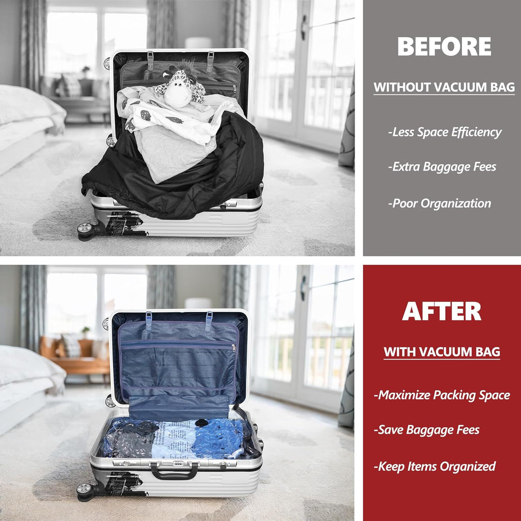 Skiennix Vacuum Bags for Travel - 12 Combo Set with Rechargeable Pump | Space-Saving Compression Bags for Luggage