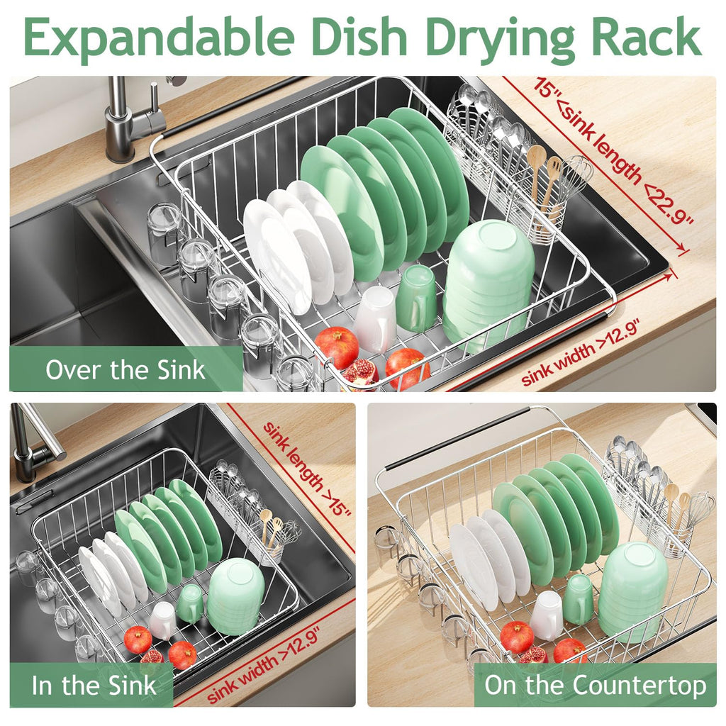Fanbsy Dish Drying Rack in Sink, Extendable Stainless Steel Dish Drainers for Kitchen Counter, Anti-Rust Dish Dryer Rack with Utensil & Cup Holders, for Inside Sink, Over The Sink