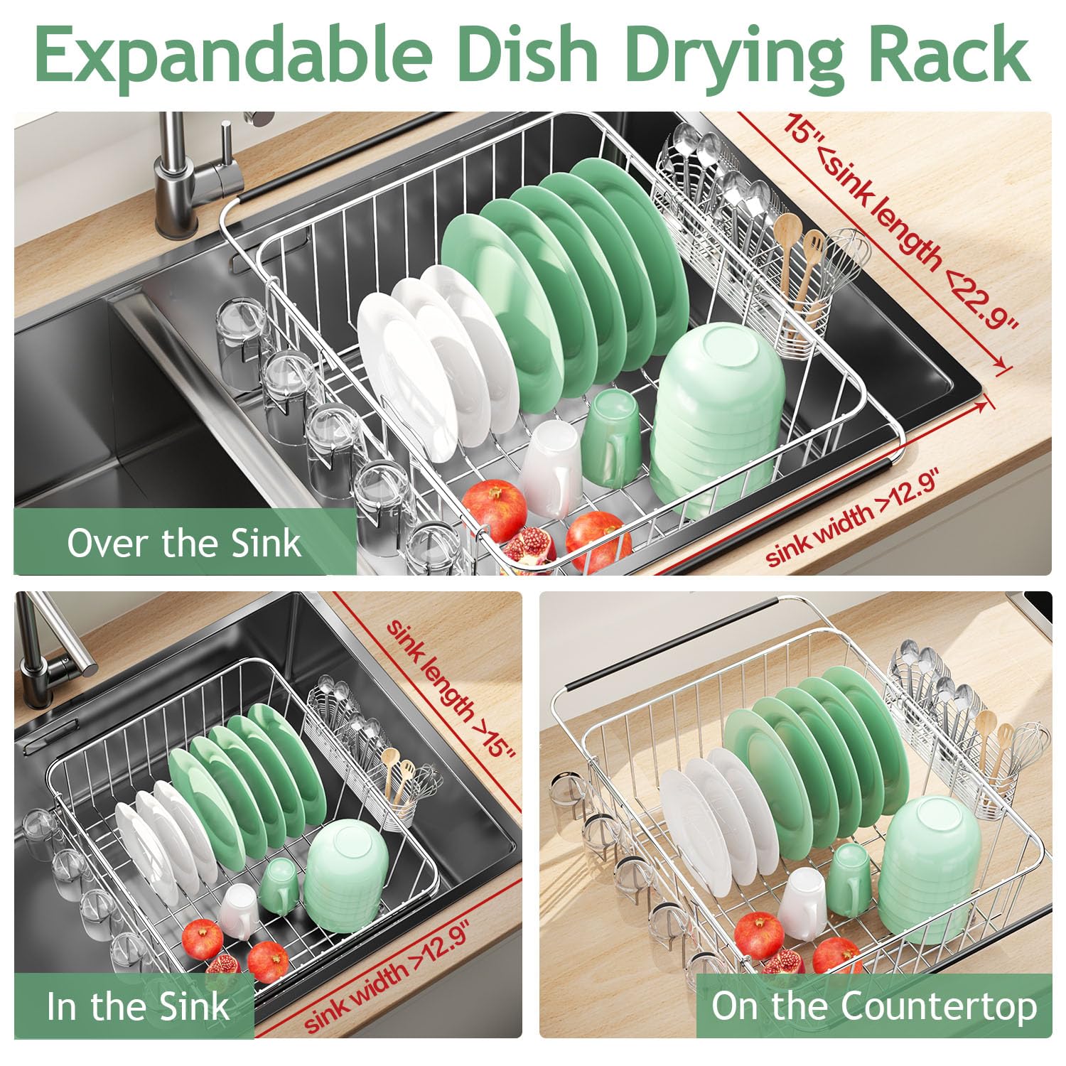 Fanbsy Dish Drying Rack in Sink, Extendable Stainless Steel Dish Drainers for Kitchen Counter, Anti-Rust Dish Dryer Rack with Utensil & Cup Holders, for Inside Sink, Over The Sink