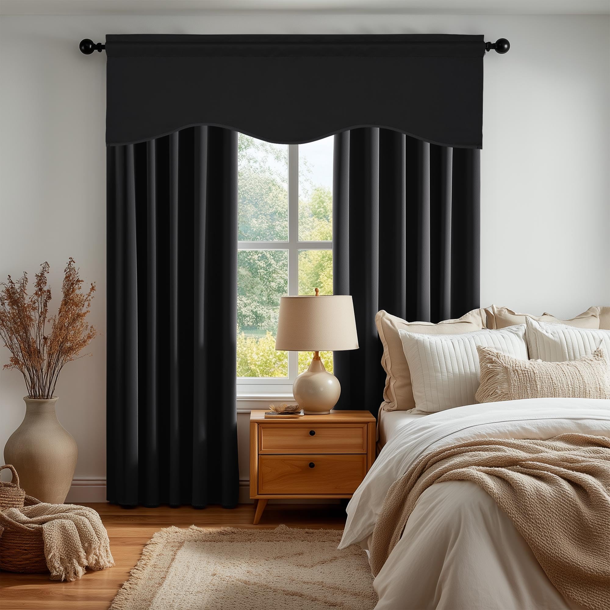 Deconovo Black Valances for Windows, Scalloped Valance for Kitchen Living Room Bedroom Bathroom, Short Curtain, Black Out Small Drape, Rod Pocket, Machine Washable, 52x18 Inch, 1 Panel