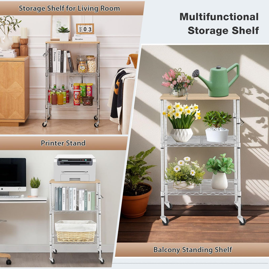 BolDuck 450Lbs Capacity Microwave Cart with Wheels, 3 Tier Rolling Cart with Adjustable Shelves, Multifunctional Metal Utility Storage Kitchen Carts on Wheels, 23.6" L*15.7" W*37" H, Wood+Chrome