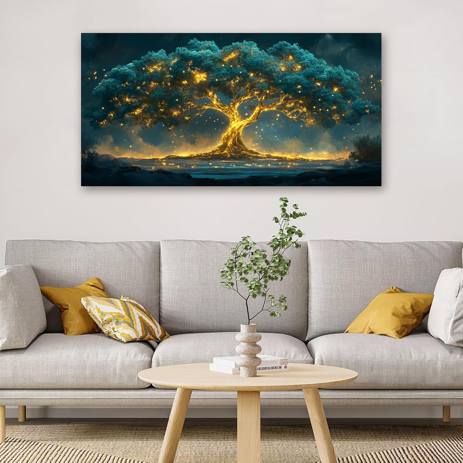 Skiennix Canvas Wall Art - Tree of Life Design in Green & Gold | 20" X 40" for Living Room Decor