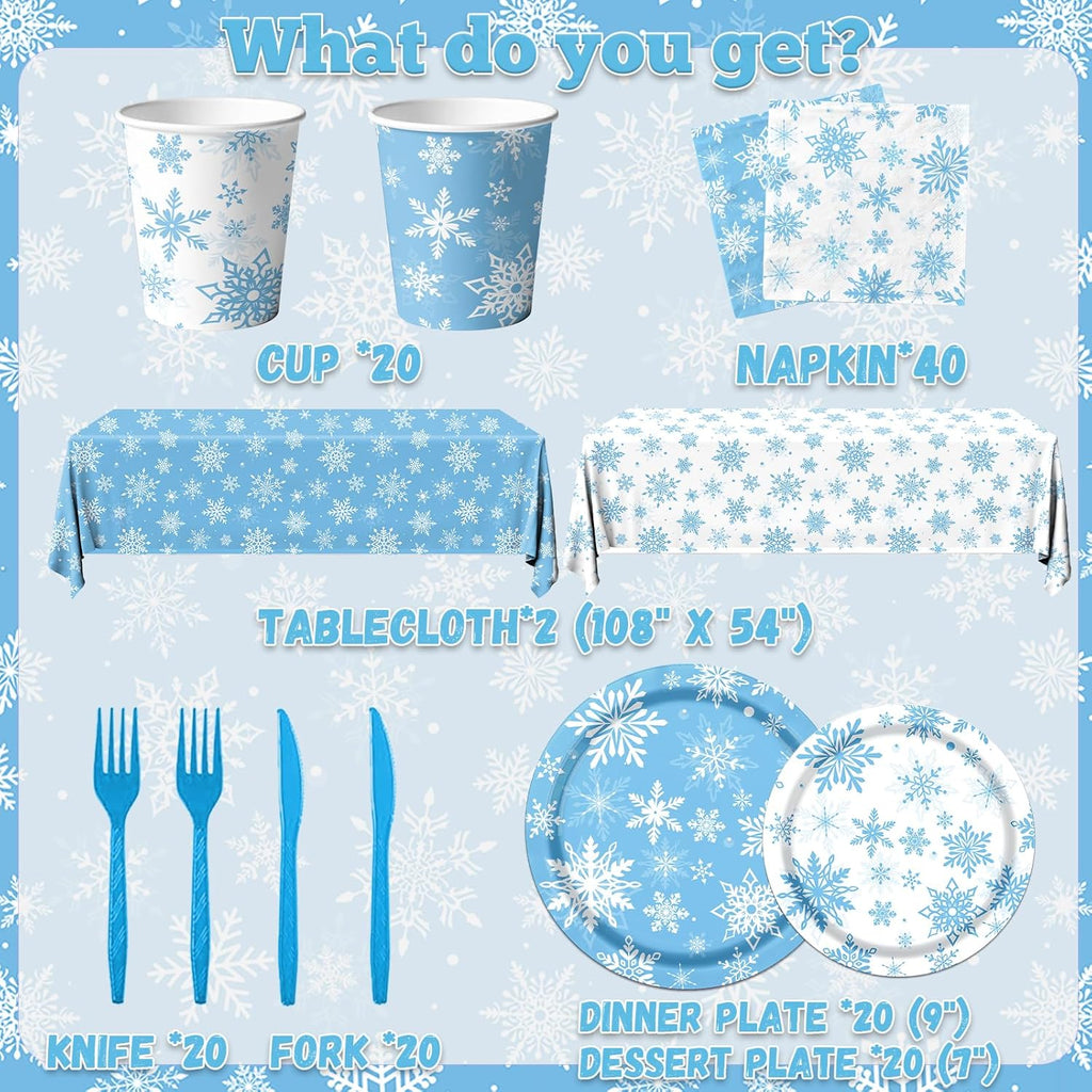 Skiennix Winter Snowflake Party Set - 142 Pcs Paper Plates, Napkins, Cups & Tablecloth | Blue & White