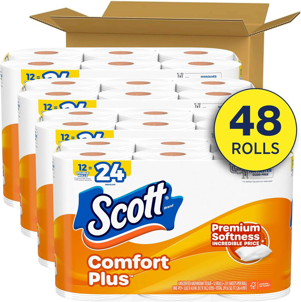 Scott ComfortPlus Toilet Paper - 48 Triple Rolls | 231 Sheets Each | Septic-Safe 1-Ply Tissue