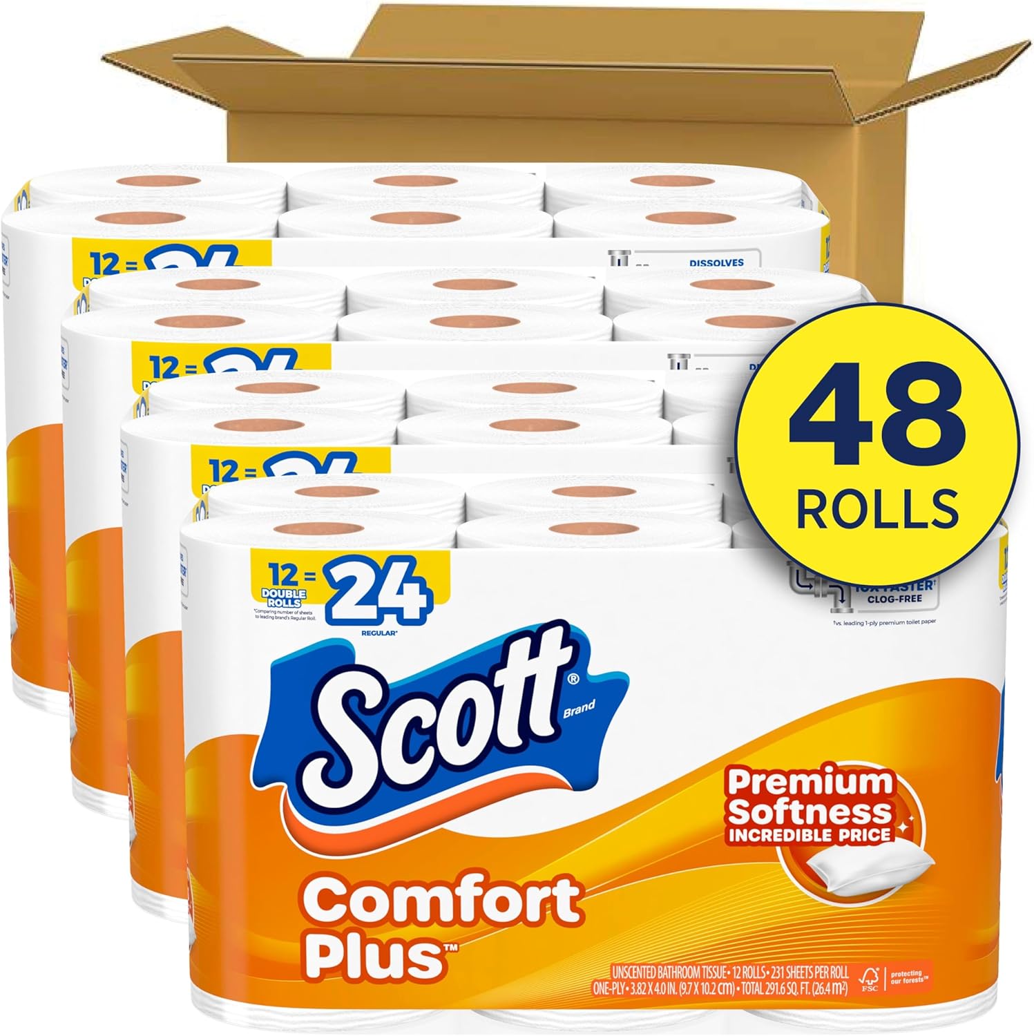 Scott ComfortPlus Toilet Paper - 48 Triple Rolls | 231 Sheets Each | Septic-Safe 1-Ply Tissue