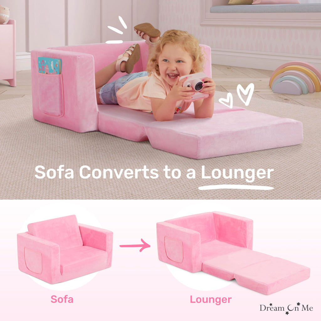 Dream On Me Nestle Kids, Cozy Single Seater, 2-in-1 Convertible Chaise Lounger, High-Density Foam, Sofa Bed Couch, Machine-Washable Fabric Cover, Pink