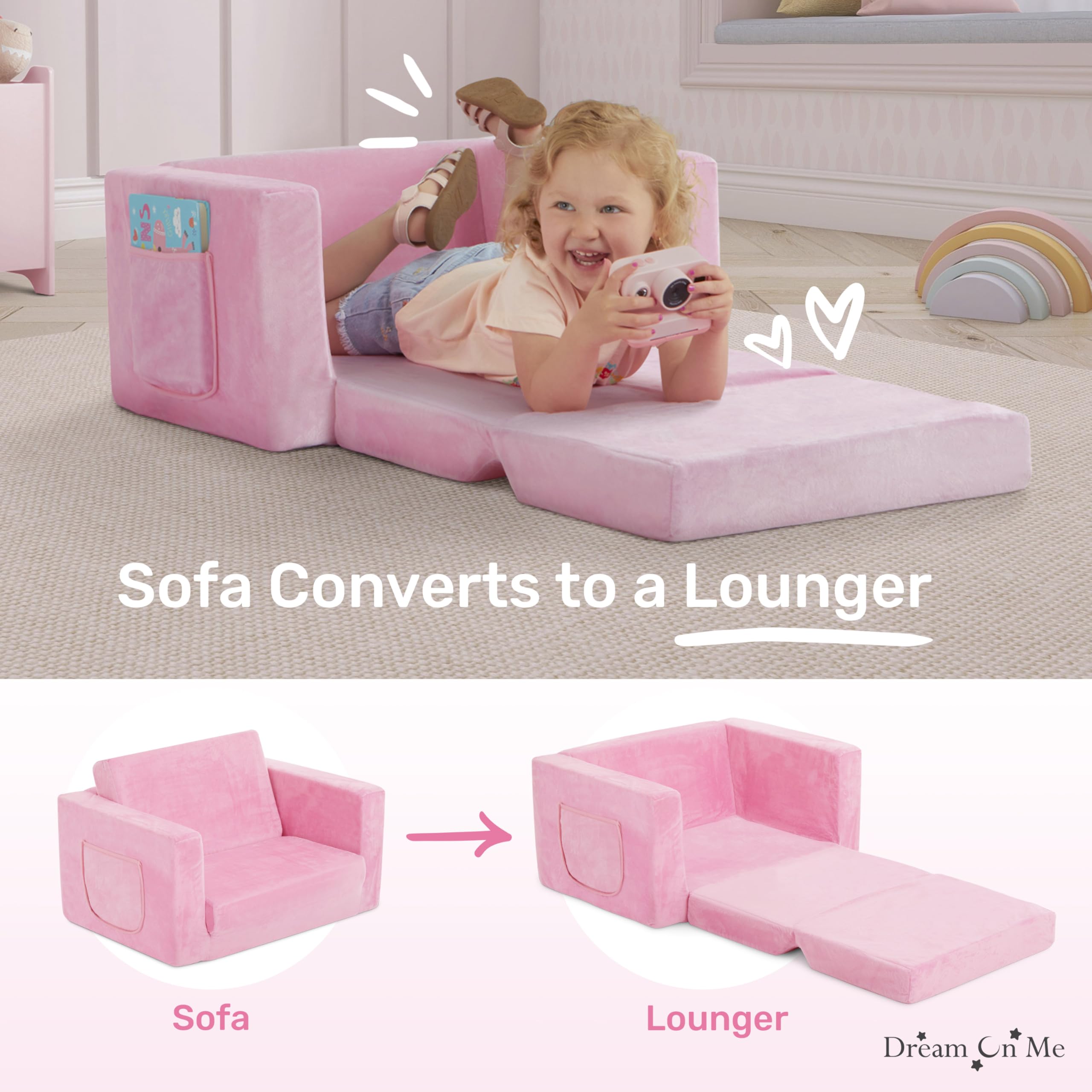 Dream On Me Nestle Kids, Cozy Single Seater, 2-in-1 Convertible Chaise Lounger, High-Density Foam, Sofa Bed Couch, Machine-Washable Fabric Cover, Pink