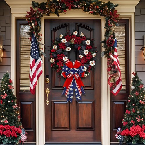 Large 4th of July Bows for Wreath 20x11 Inch, 2 Pack Pre-Tied Patriotic Wired Ribbon Bow, Independence Day, Memorial Day, Tree Topper Bow for Front Door Outdoor Decoration (Blue)