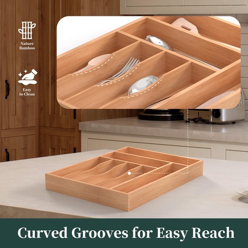 BEKVEM Bamboo Silverware Organizer, Kitchen Drawer Organizer, Utensil Holder, Cutlery Tray & Spoon Flatware Storage with Grooved Drawer Dividers (7 Slots, Natural)