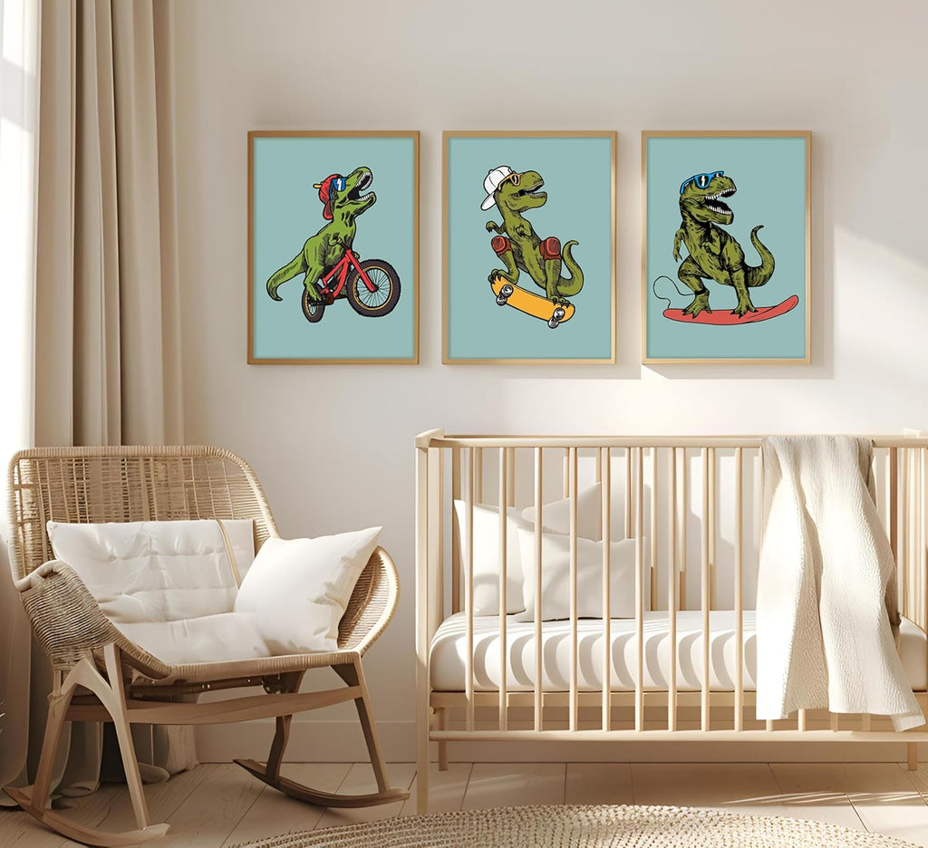 Skiennix 3pc Funny Dinosaur Nursery Canvas Wall Art - Surfing & Skateboarding Design for Boys' Room Decor