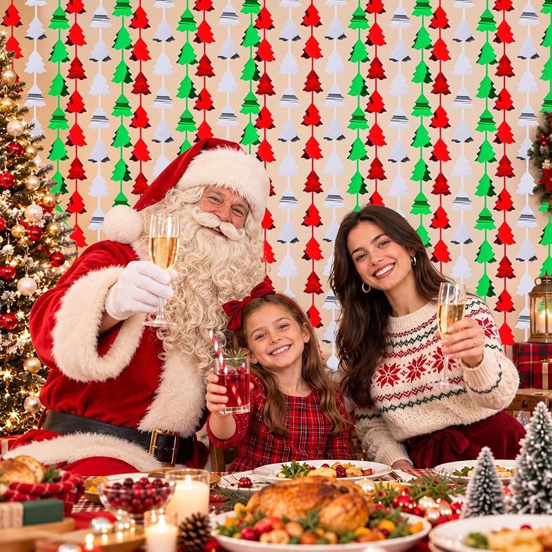Mega-L 2 Pack Christmas Foil Fringe Curtains - 3.3 x 6.6 ft Tree Shaped Backdrop, Red-Silver-Green, Variation Red Silver Green+2 Pack