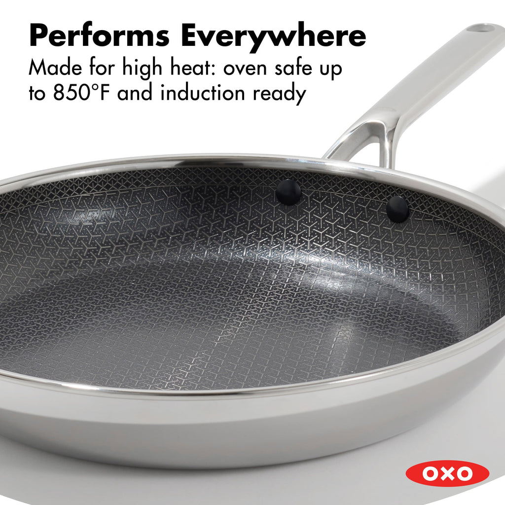 OXO Hybrid 12” Nonstick Stainless Steel Frying Pan, PFAS-Free Ceramic Skillet, Fusion Boost Tech for Powerful Searing, Induction & All Cooktop Compatible, Dishwasher Safe, Mirror Polished Tri-Ply