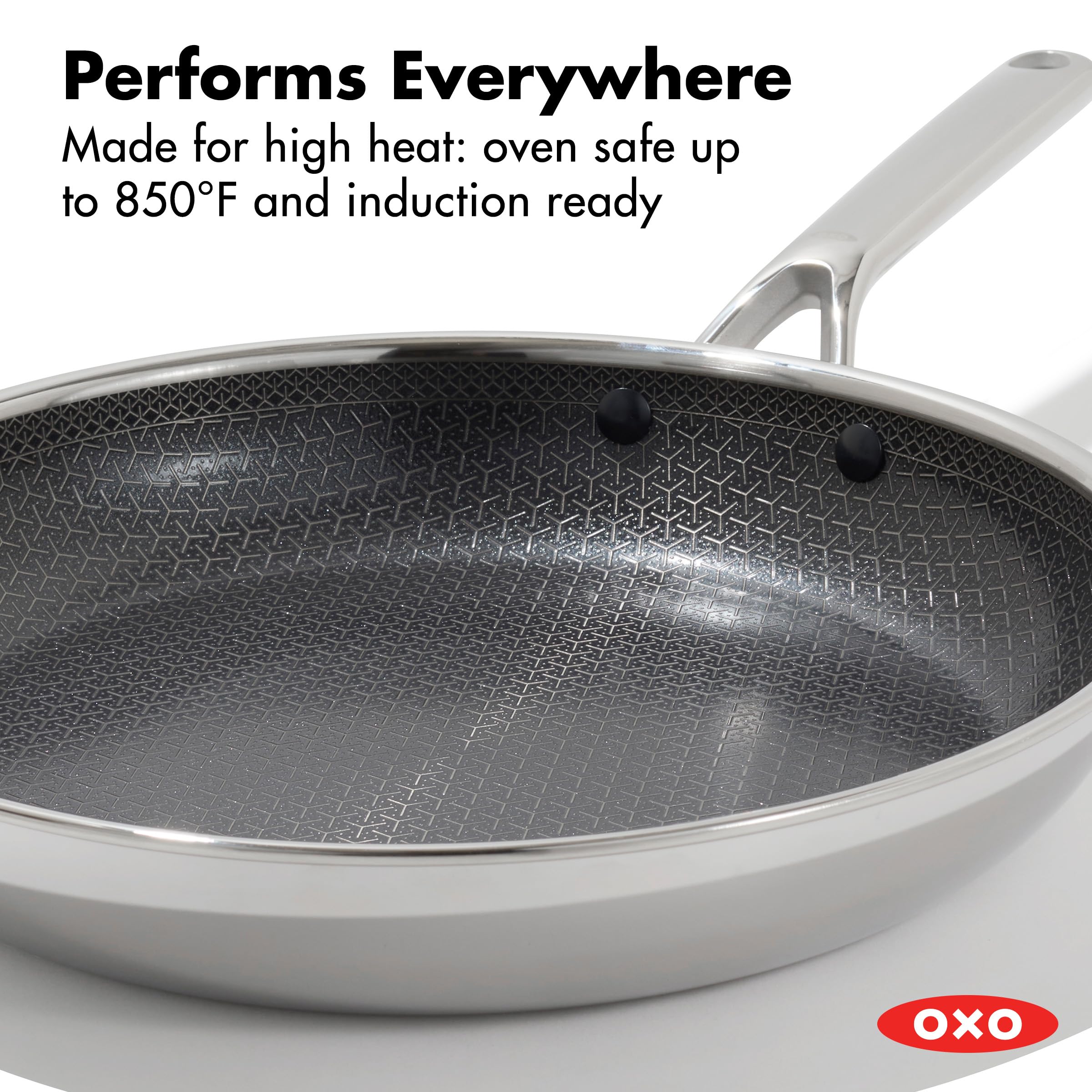 OXO Hybrid 12” Nonstick Stainless Steel Frying Pan, PFAS-Free Ceramic Skillet, Fusion Boost Tech for Powerful Searing, Induction & All Cooktop Compatible, Dishwasher Safe, Mirror Polished Tri-Ply
