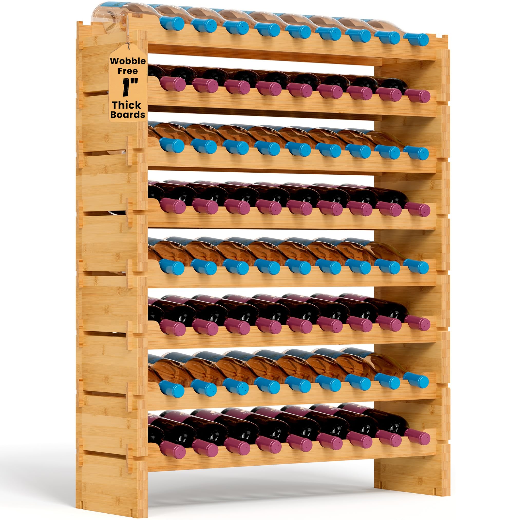 NutriChef 72 Bottle Wine Rack Stackable Bamboo Freestanding, 8-Tier Modular Shelf, Sturdy Wobble Free, Upgraded 2026 Design, Easy No-Tool Assembly for Kitchen, Cellar or Bar Storage 33.5" x 10" x 41"