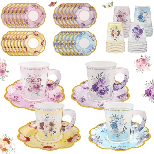 24 Sets Disposable Paper Tea Cups 7 OZ Floral Tea Party Cups with Handle and Plates Teacups and Saucer Sets for Baby Bridal Shower Wedding Birthday(Watercolor Style)