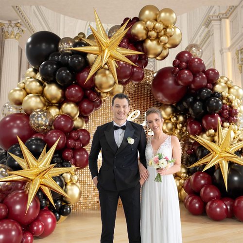 FOTIOMRG Burgundy Balloon Arch Garland Kit with Burgundy Maroon Black Gold Foil Balloons for Birthday Graduation Bridal Shower Party Decorations