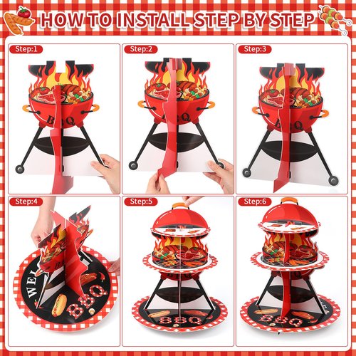 Widecook 3 Tier BBQ Party Cake Stand Decoration Barbecue Theme Summer Cupcake Tower Baby Q Table Decoration Red and Black Gingham Cake Holder for Summer Picnic Camping BBQ Baby Shower Party Supplies
