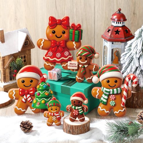 AceOrbit 8-Inch Large Gingerbread Man | Rustic Wooden Christmas Table Decoration - 6 Pcs Set