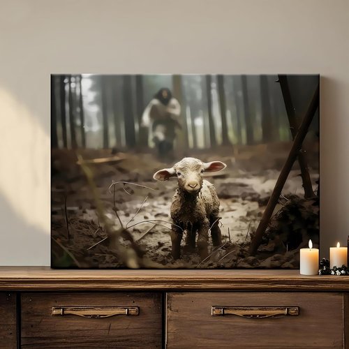 Framed Jesus Christ Wall Art - Canvas Painting of Jesus and Lamb | Biblical Decor for Churches & Prayer Rooms - 12" x 16"