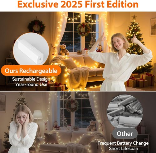 Lakumu LED Star String Lights - 33FT 100-LED Battery Operated Fairy Lights with 8 Modes & Timer | Warm White Indoor Decor