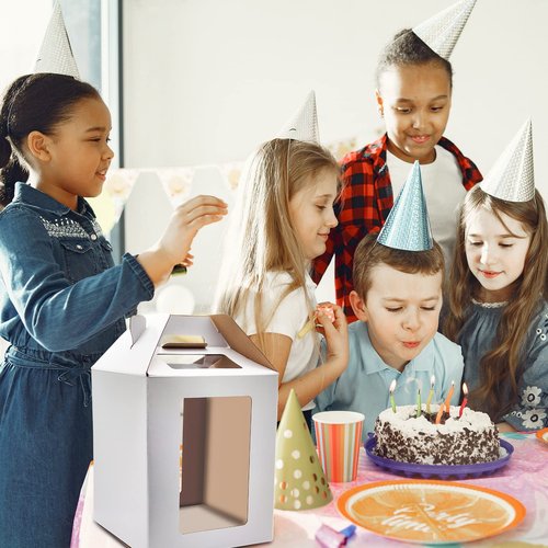 KBG Tall Cake Boxes 6pcs 14x14x16 and 16x16x18 Inches White With Window for Tier Cakes, Wedding, Birthday Transport - Large With Handle, Disposable Containers