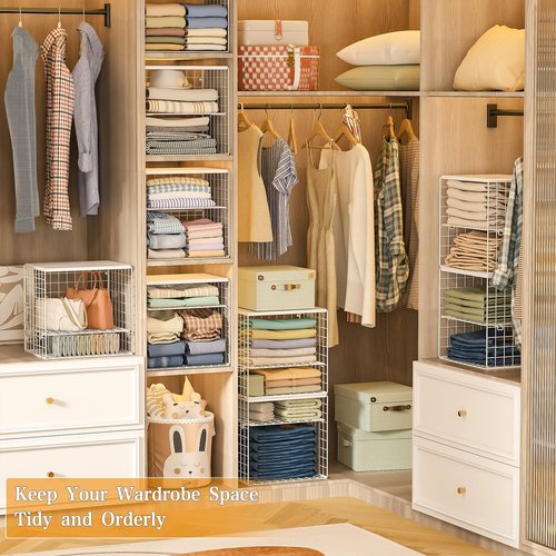 Huxitocan 4-Tier Stackable Closet Organizers and Storage Shelves, Closet Storage Basket with Wood Tops, Adjustable Height Dividers Closet Storage Bins for Home Closet Organizer System, White
