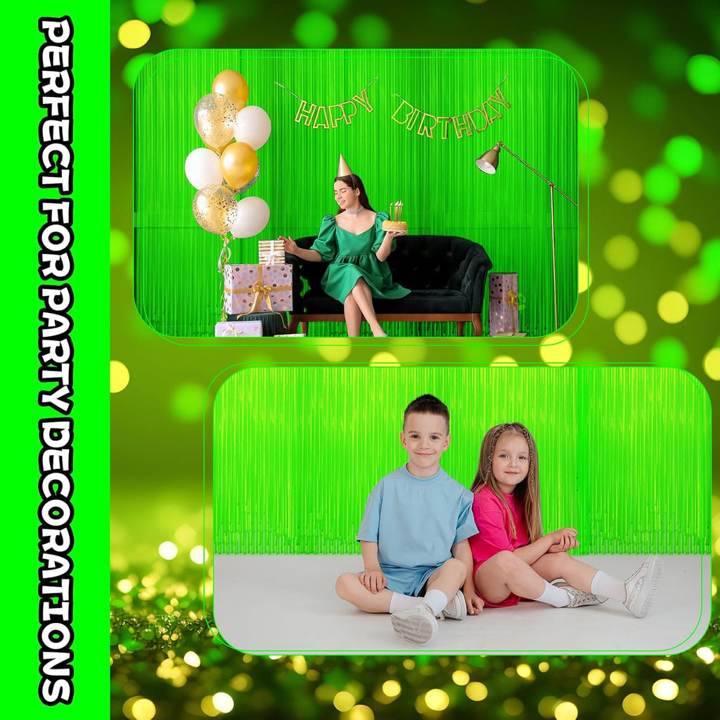 Skiennix Glow In The Dark Curtains - 4 Pack Tinsel Foil Fringe Backdrop for Neon Party Decor | 6.6 x 3.3 Ft