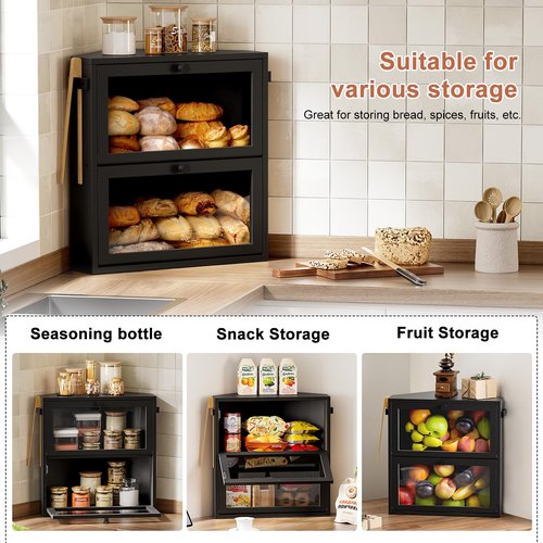 WOWLIVE Corner Bread Box for Kitchen Countertop, Large Double Layer Bread Storage Container for Homemade Bread, Black Bread Holder for Kitchen Counter, Under Cabinet Organizer (Black, Extra Large)