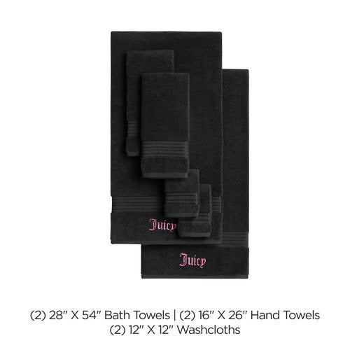 Juicy Couture Alyssa Luxurious 6 Piece Bath Towel Set - (2) Bath Towels, (2) Hand Towels, and (2) Washcloths - Black Premium Bathroom Towel Set