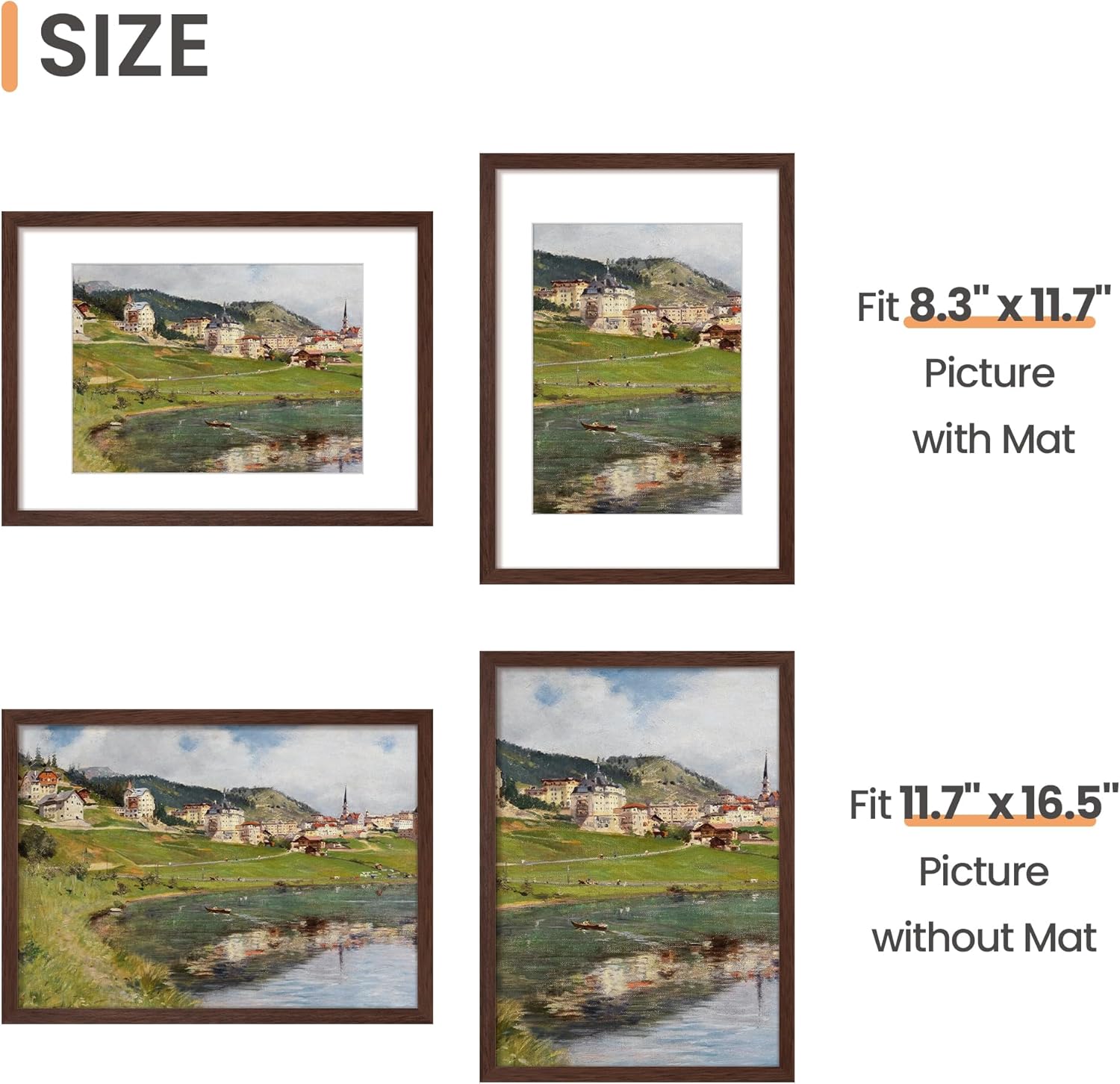 Upsimples A3 Picture Frame - Display 8.3x11.7" with Mat or 11.7x16.5" Without | Brown, 1 Pack