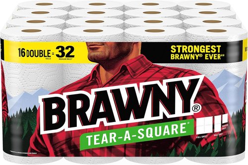 Brawny® Tear-A-Square® Paper Towels - 16 Double Rolls for Maximum Absorbency | Convenient Size