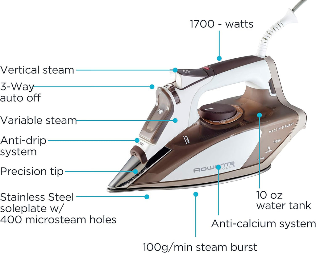 Rowenta Steam Iron - 1700 Watts Portable Iron with Micro Steam Stainless Steel Soleplate | Ideal for Cotton, Wool, Silk, and More