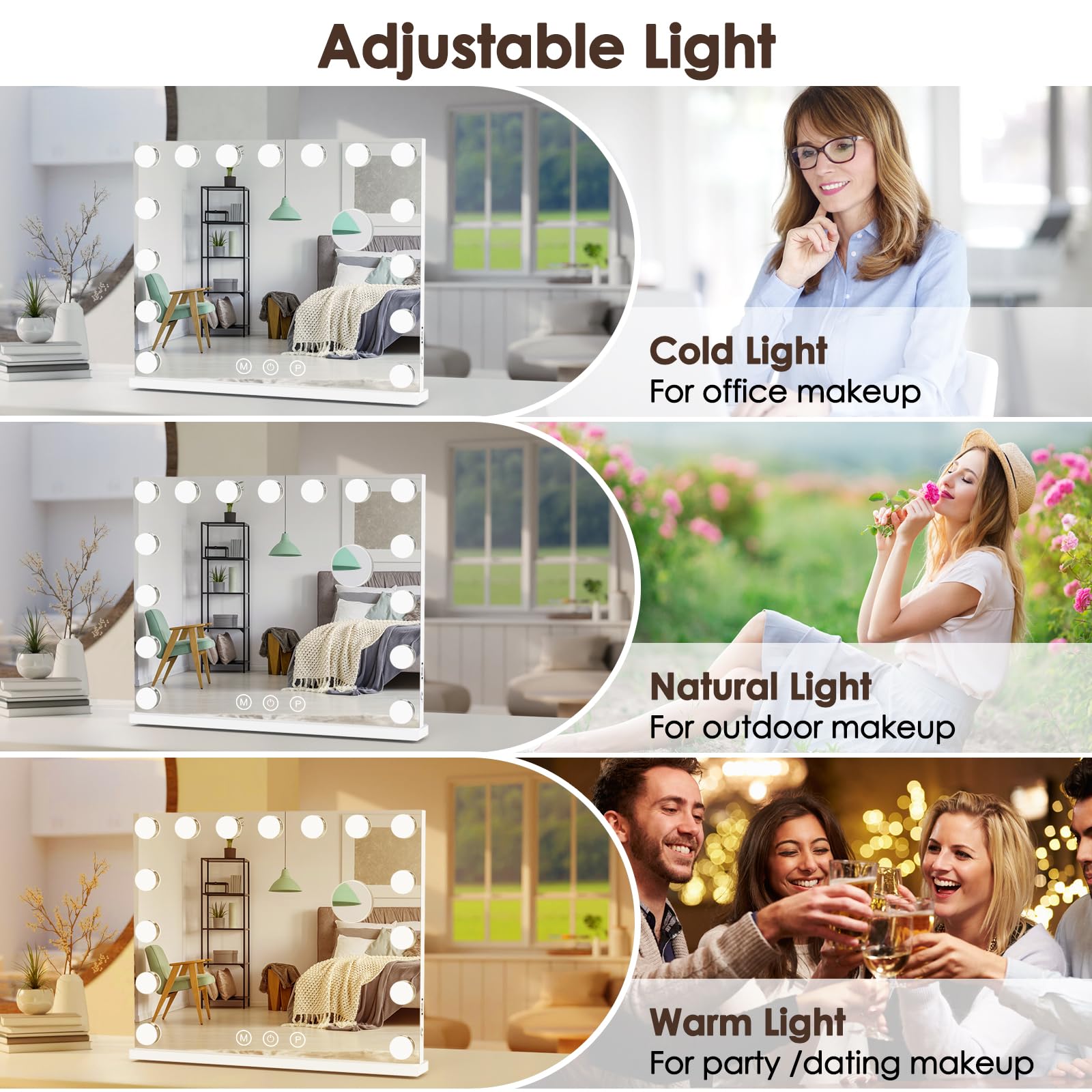 Lighted Makeup Mirror 19" L x 23" Light Hollywood Mirror with Detachable 10X Magnification Hollywood Vanity Mirror with Lights Smart Touch Control Hollywood Lighted Mirror with 15 LED Bulbs 3Colors