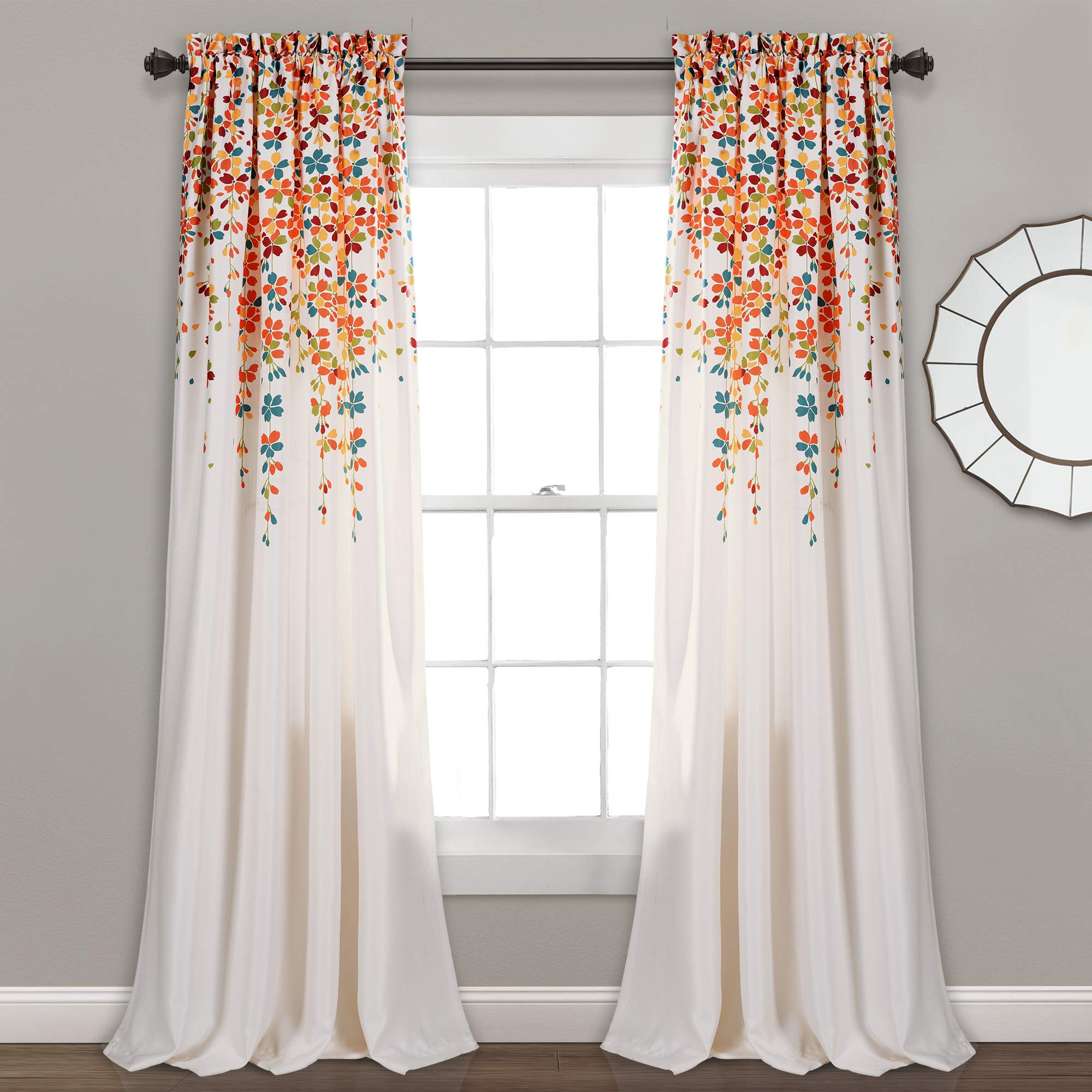 Lush Decor Weeping Flower Light Filtering Window Curtain Panels, Pair, 52"W x 84"L + 2" Header, Turquoise & Tangerine - Charming Modern Floral Curtains for Living Room, Dining Room, & Bedroom
