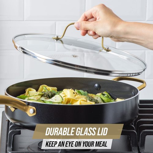 Blue Diamond 4QT Saute Pan with Lid, Non Toxic Induction PFAS-Free Diamond Ceramic Nonstick, Dishwasher & Oven Safe, Metal Utensil Safe, Gold Handle & Helper Handle, Jumbo Skillet, Glass Lid, Black