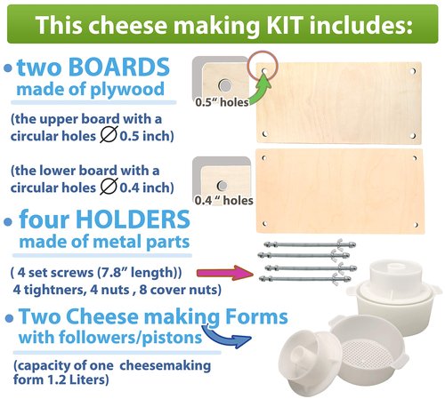 Wooden Cheese Press for Cheese Making Supplies 16in Metal Guides and 2 pcs Cheese Mold with Follower Piston 1.3Qt - large Home Supply Ultimate Cheese Press Machine - Prensa Para Queso Casero