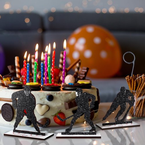 Beeveer 6 Pcs Hockey Party Table Decoration Wooden Sports Table Sign Glitter Ice Hockey Players Silhouette Centerpieces Ice Puck Tiered Tray Decor for Fans Club Sport Birthday Tailgate Party Supplies