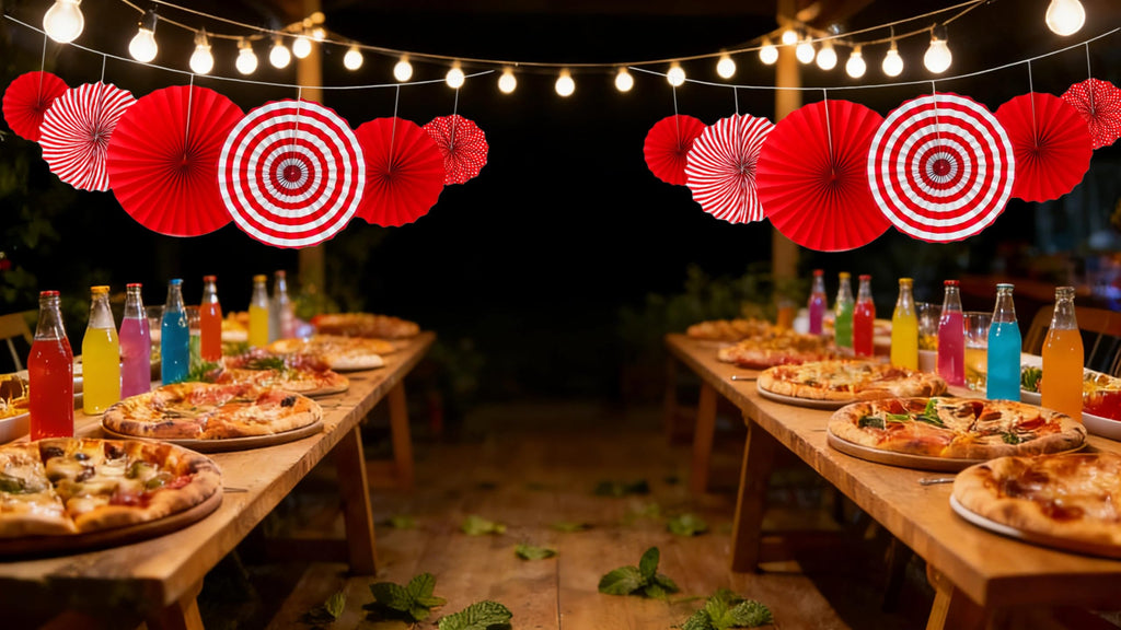 FHMUYDK 12 PCS Red Paper Fans,Round Hanging Pattern Paper Garlands Fan Party Decorations for Wall Decor Birthday Wedding BBQ Baby Shower Pizza Party Home Decor