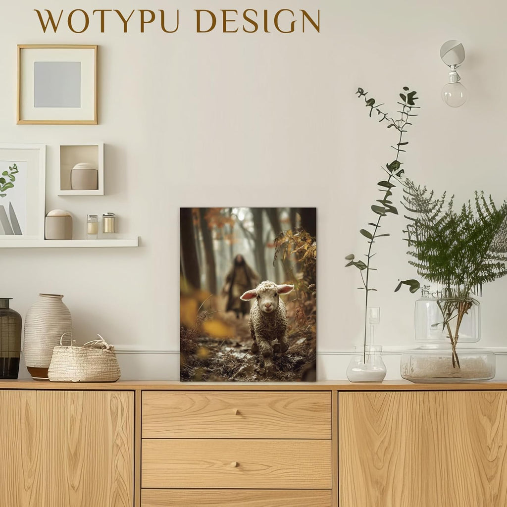 WOTYPU Jesus and the Lamb Christian Wall Art Decor, Christian Home Decor, Jesus Leaves the 99 Sheep Religious Framed Canvas Prints Poster Wall Decorations for Prayer Home Living Room Bedroom, 11x14
