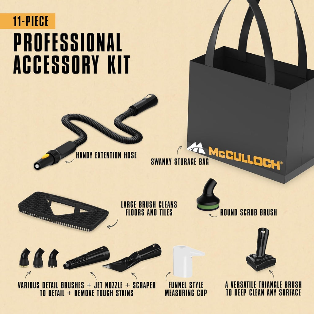 McCulloch MC1230 Handheld Steam Cleaner - 10-Minute Runtime with 11 Accessories for Home & Car Detailing