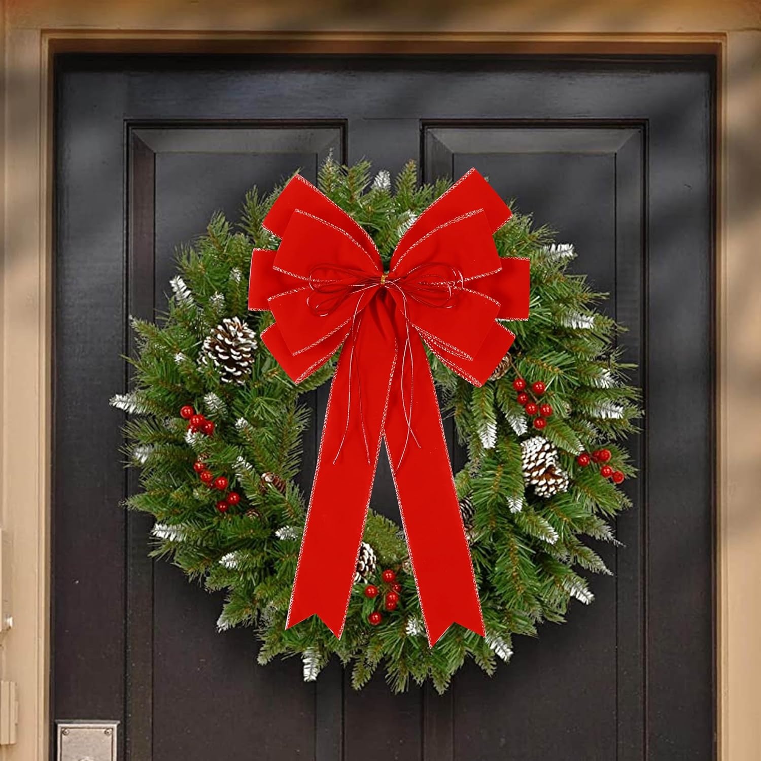 Regine Switzerland 2 Pack Red Christmas Bows - 12”x20” Large Velvet Wreath Bows with Glitter Gold Edge for Holiday Decor