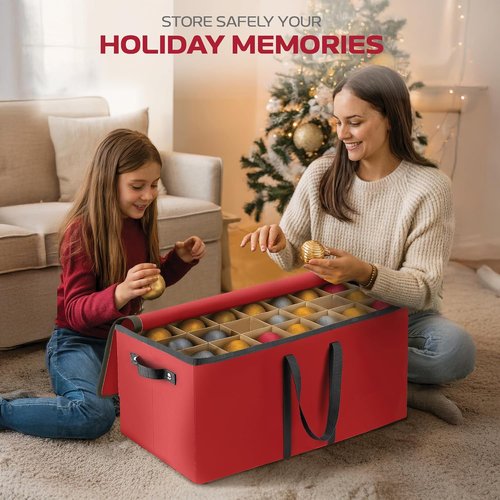 Christmas Ornament Storage Box - Large 128 Capacity with Adjustable Dividers & Dual Zipper | Stackable Red Fabric Organizer