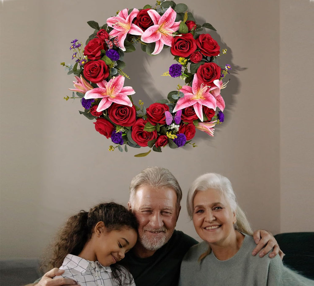 Regine Switzerland Cemetery Wreath - Handmade Floral Arrangement with 30-Inch Easel Stand | Red & Pink Roses, Lilies, Daisies, and Carnations