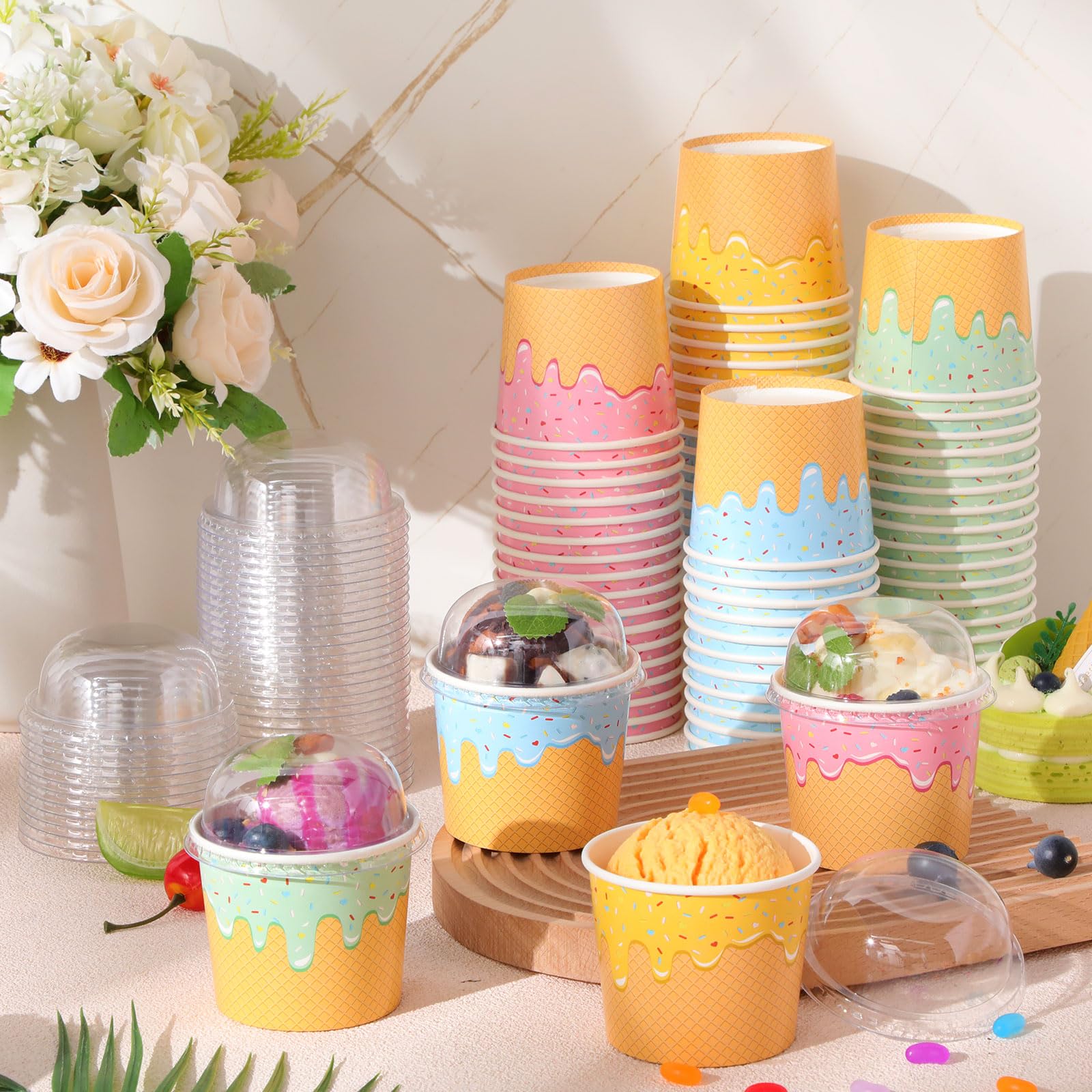 Jingmore 160 Count Paper Ice Cream Cups with Clear Dome Lids Disposable Dessert Cups Bulk Dessert Bowls Sundae Containers for Snack Yogurt Soup Birthday Ice Cream Party Supplies (6 oz)