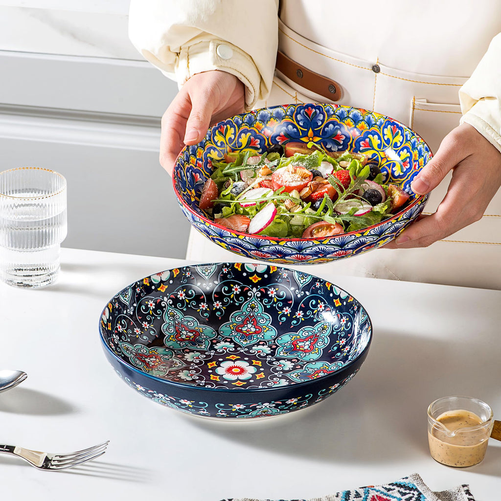 HENXFEN LEAD Pasta & Salad Bowls Set of 4, 45 oz Large Ceramic Serving Bowls – Colorful 9 Inch Wide & Shallow Bowls for Soup & Pasta, Microwave & Dishwasher Safe