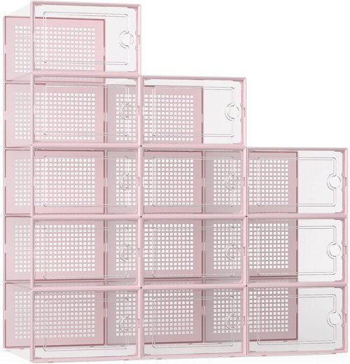 Kuject X-Large Shoe Storage Boxes - Clear Plastic Stackable 12 Pack for Sneakers & Toys | Pink
