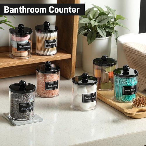 Clear & Black Acrylic Qtip Holder Dispenser Set | 2-Pack Cotton Swab & Makeup Storage Organizer
