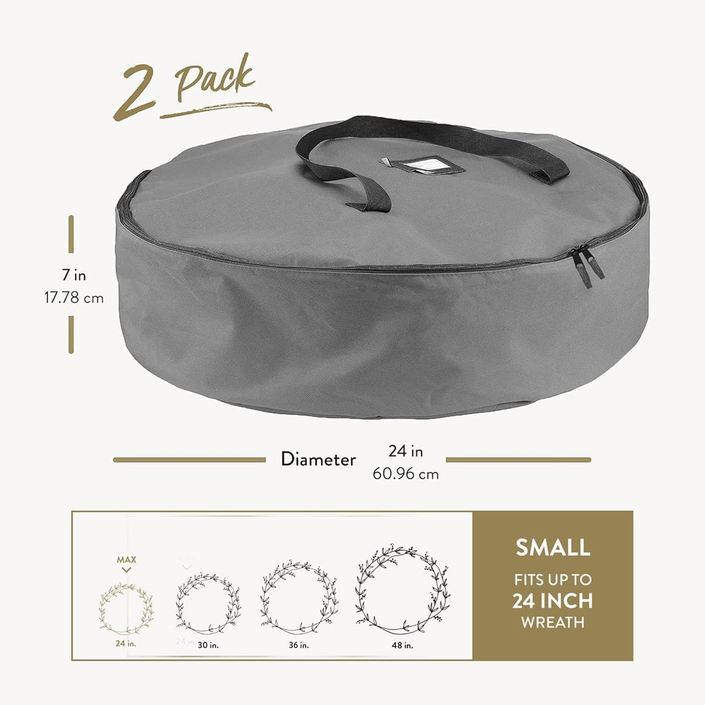 ZOBER Oxford Christmas Wreath Storage Container - 24 Inch Waterproof Bag with Dual Zippers & Durable Handles - Gray