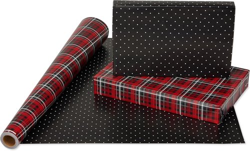 American Greetings Jumbo Reversible Wrapping Paper Roll - Christmas Gift Wrap in Red & Black | 175 sq. ft. (30 in. x 70 ft.) Polka Dots & Plaid