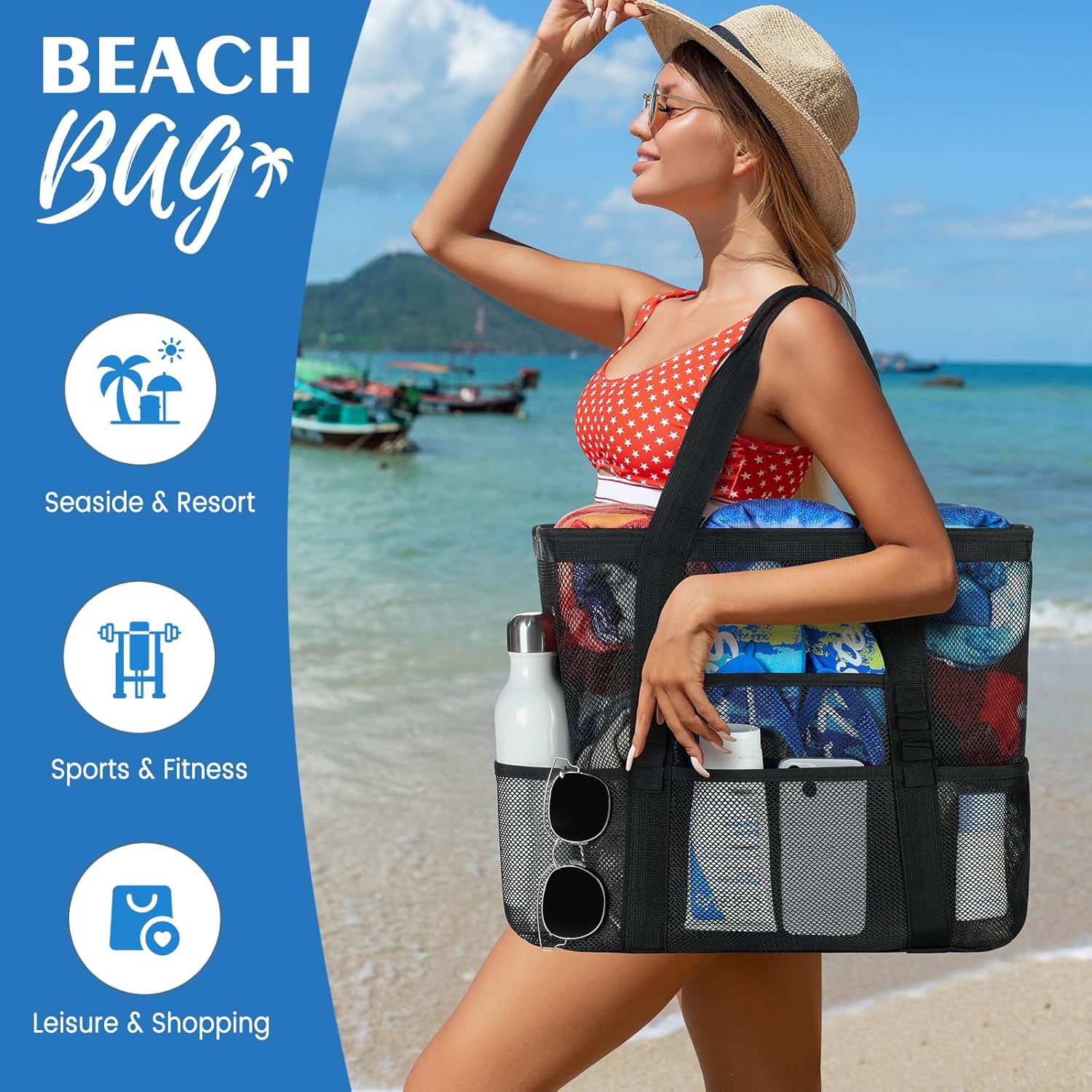 Mesh Beach Bag by [Brand Name] - Large Tote with 8 Pockets for Vacation Essentials